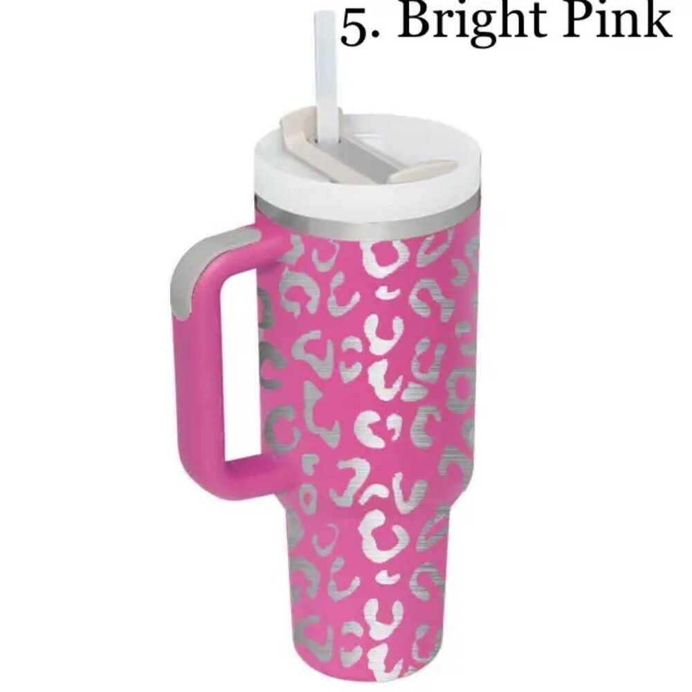 Leopard Tumbler with Handle & Grip - 40 oz -  Bright Pink - NEW WITH TAGS